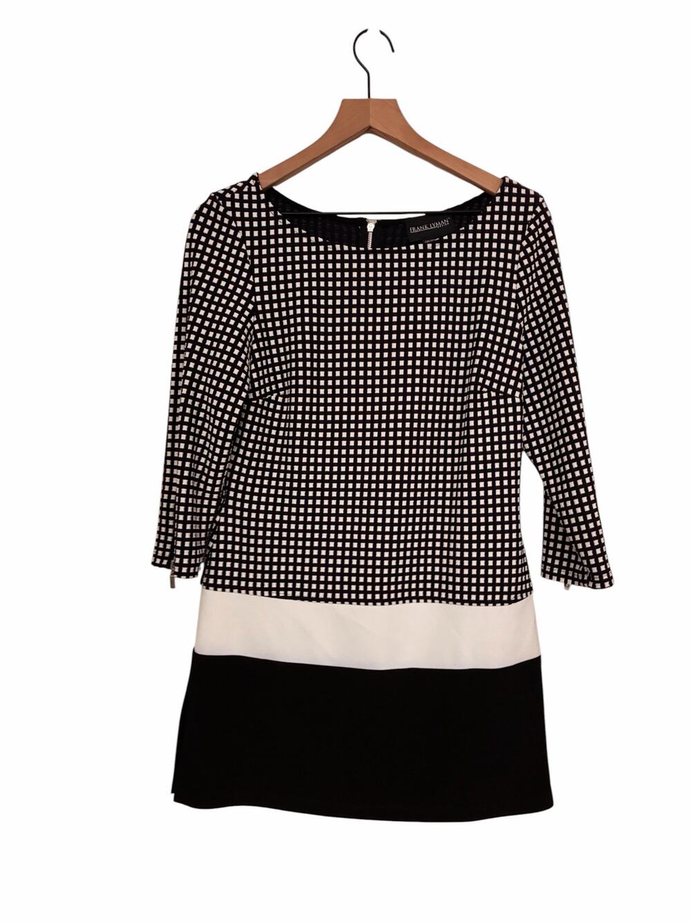 Frank Lyman Design Black White Checked Color Block Mini Dress Womens Size 8
